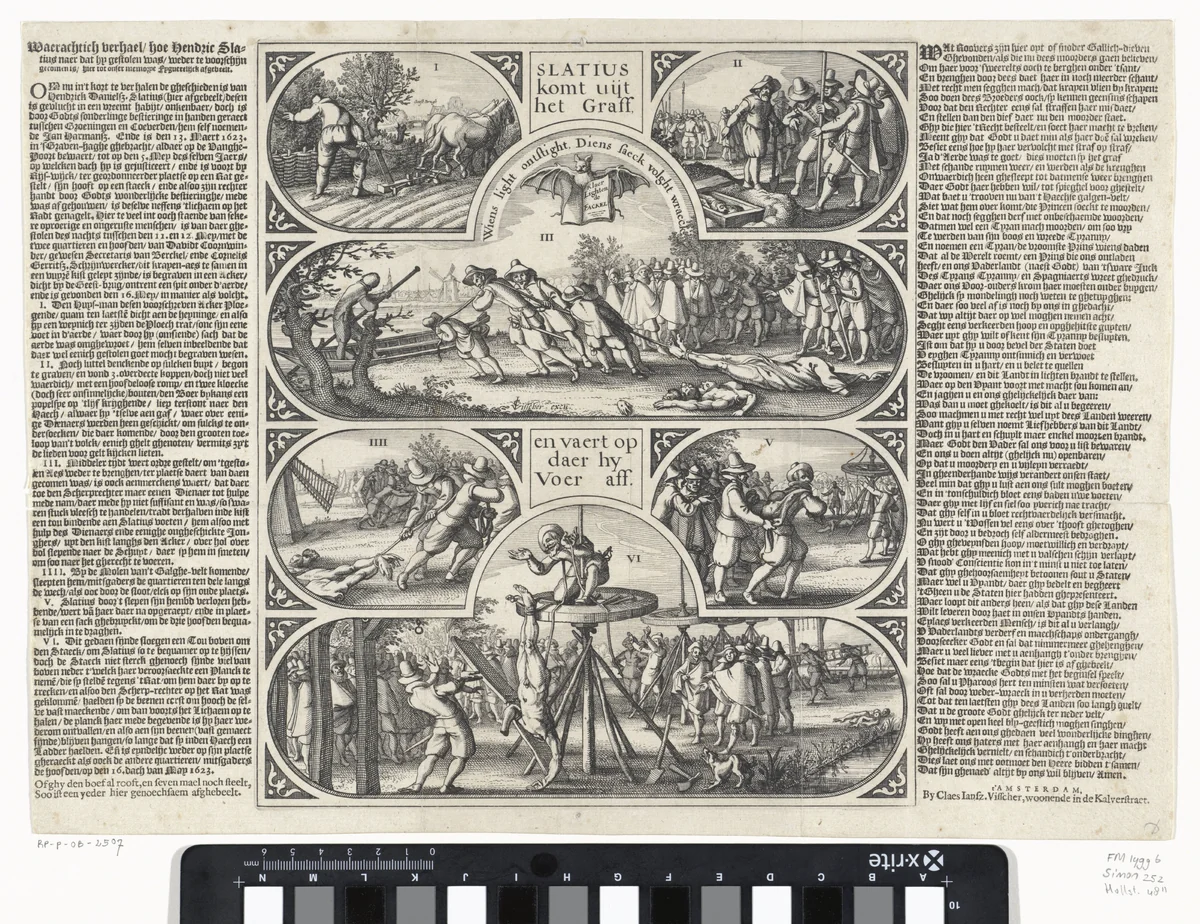 De herontdekking van de gestolen en begraven lichamen van Slatius, Coornwinder en Gerritsz, 1623 by Claes Jansz Visscher, print, 1623