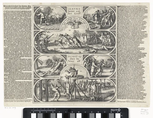 De herontdekking van de gestolen en begraven lichamen van Slatius, Coornwinder en Gerritsz, 1623 by Claes Jansz Visscher, print, 1623