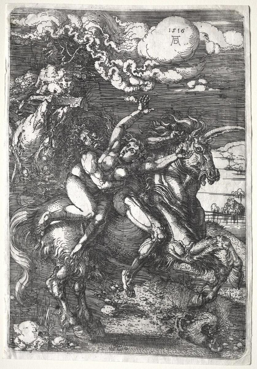 The Abduction on a Unicorn by Albrecht Dürer, print, 1516