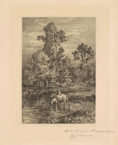 Landscape with Horses Drinking by Charles Volkmar, print, 1871-1881