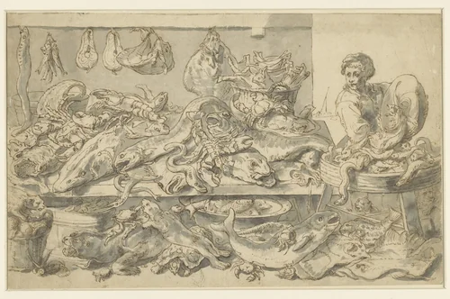 Titelblad met rolwerk en figuren by Unknown, drawing, 1500-1600