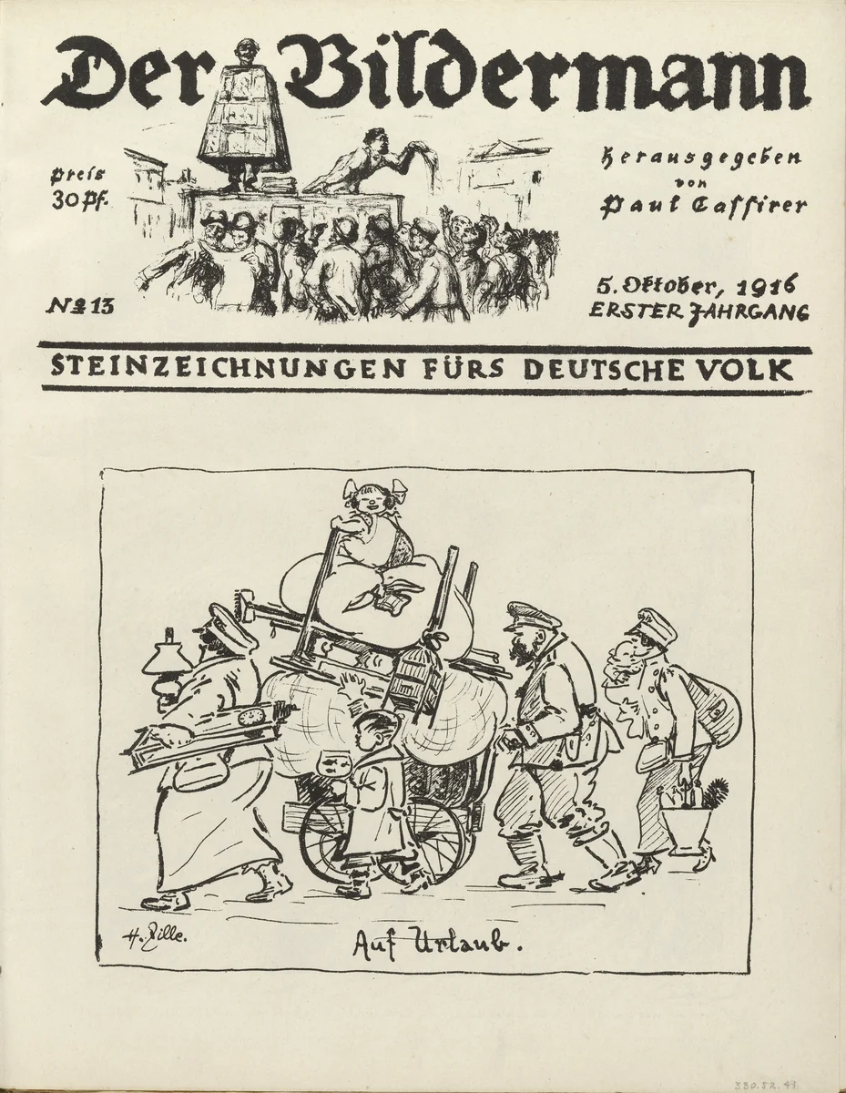 On Vacation (Auf Urlaub) (front cover, folio 26) from the periodical Der Bildermann, vol. 1, no. 13 (October 1916) by Heinrich Zille, periodical, 1916