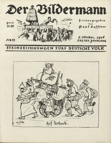 On Vacation (Auf Urlaub) (front cover, folio 26) from the periodical Der Bildermann, vol. 1, no. 13 (October 1916) by Heinrich Zille, periodical, 1916