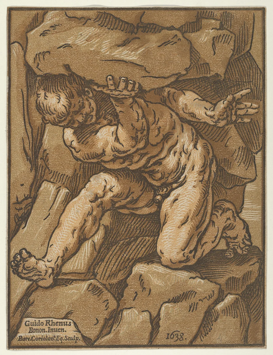 A giant supporting a rock by Bartolomeo Coriolano, print, 1638