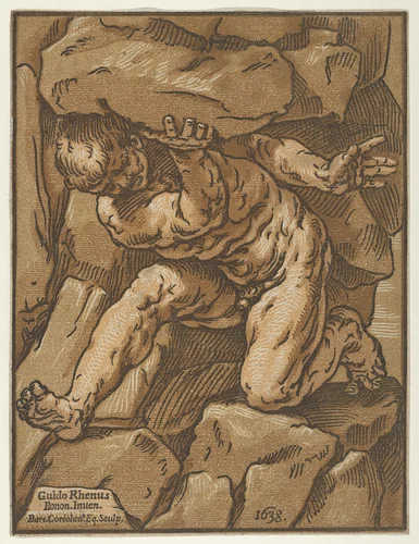 A giant supporting a rock by Bartolomeo Coriolano, print, 1638