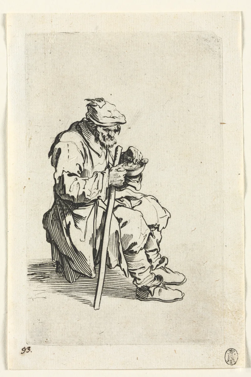 The Beggars: Beggar Sitting Down and Eating by Jacques Callot, print, 1619-1627
