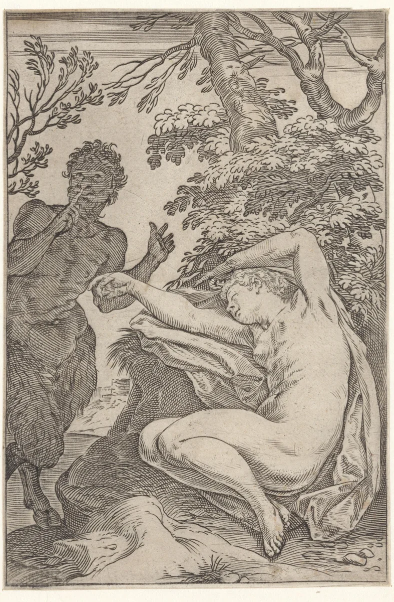 Sater verrast een slapende nimf by Agostino Carracci, print, 1590-1595