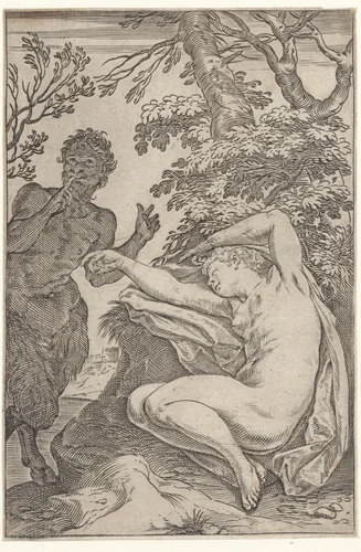 Sater verrast een slapende nimf by Agostino Carracci, print, 1590-1595
