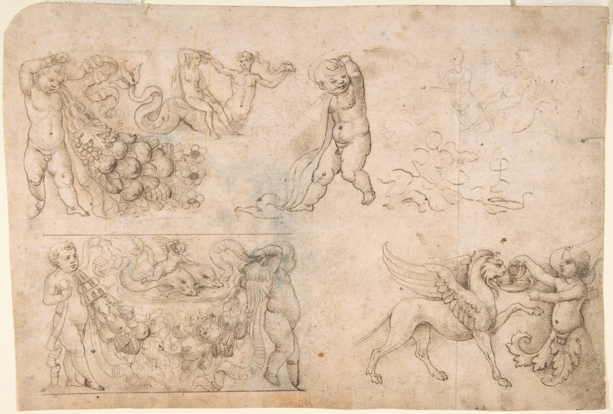 Studies after Antique Frieze Figures, Including Putti with Garlands, with a Chimera and Dolphins (recto); Sketch of a Head (verso) by anonymous, drawing, 1485-1495