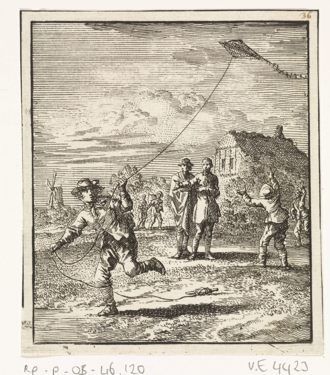 Kinderen spelend met een vlieger by Jan Luyken, print, 1712