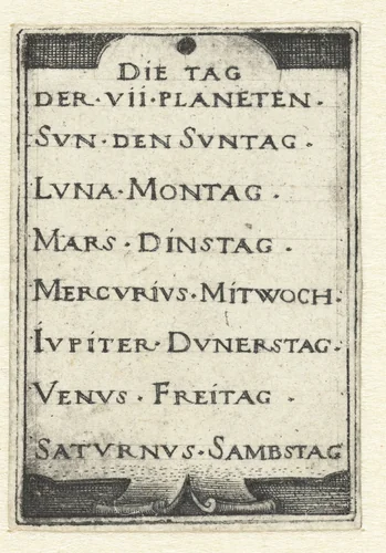 Titelblad met lijst van zeven dagen en de bijbehorende planeten by Unknown, print, 1539