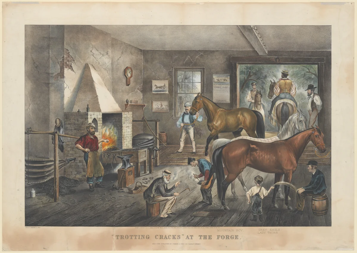 "Trotting Cracks" at the Forge by Currier & Ives, print, 1869