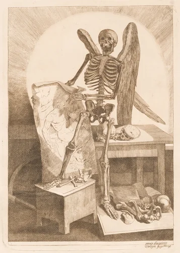 A Winged Skeleton Holding an Anatomical Drawing by Jacques Gamelin, print, 1779