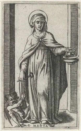 Heilige Marta met wijwatervat en vastgebonden duivel by Unknown, print, 1500-1527