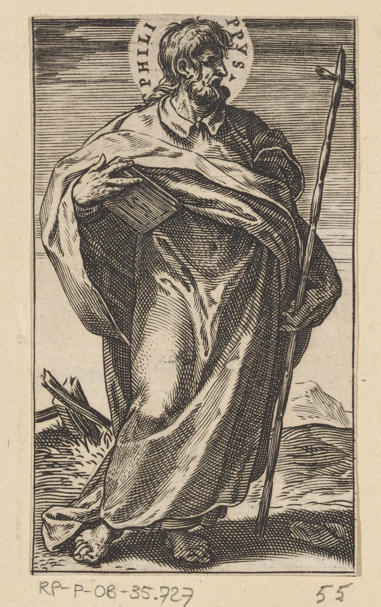 Apostel Filippus met boek en kruisstaf by Agostino Carracci, print, 1583