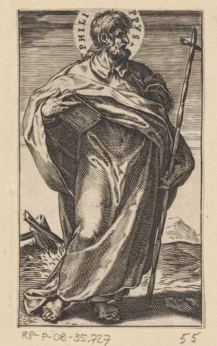 Apostel Filippus met boek en kruisstaf by Agostino Carracci, print, 1583