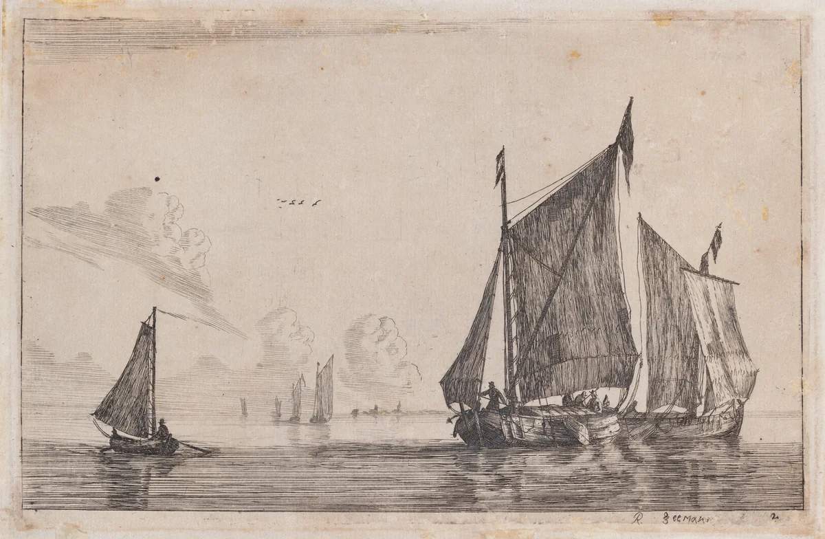 Three Sailing Vessels on Calm Waters by Reinier Nooms, print, 1651-1661
