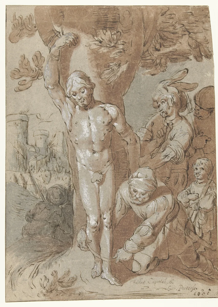 Achior wordt aan een boom gebonden by Gerrit Pietersz. Sweelink, drawing, 1601