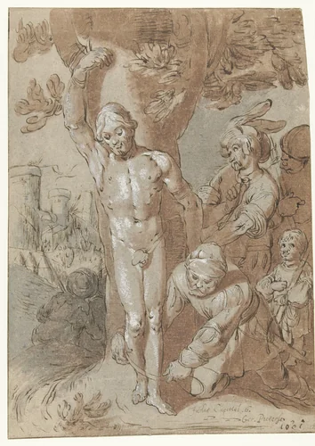 Achior wordt aan een boom gebonden by Gerrit Pietersz. Sweelink, drawing, 1601