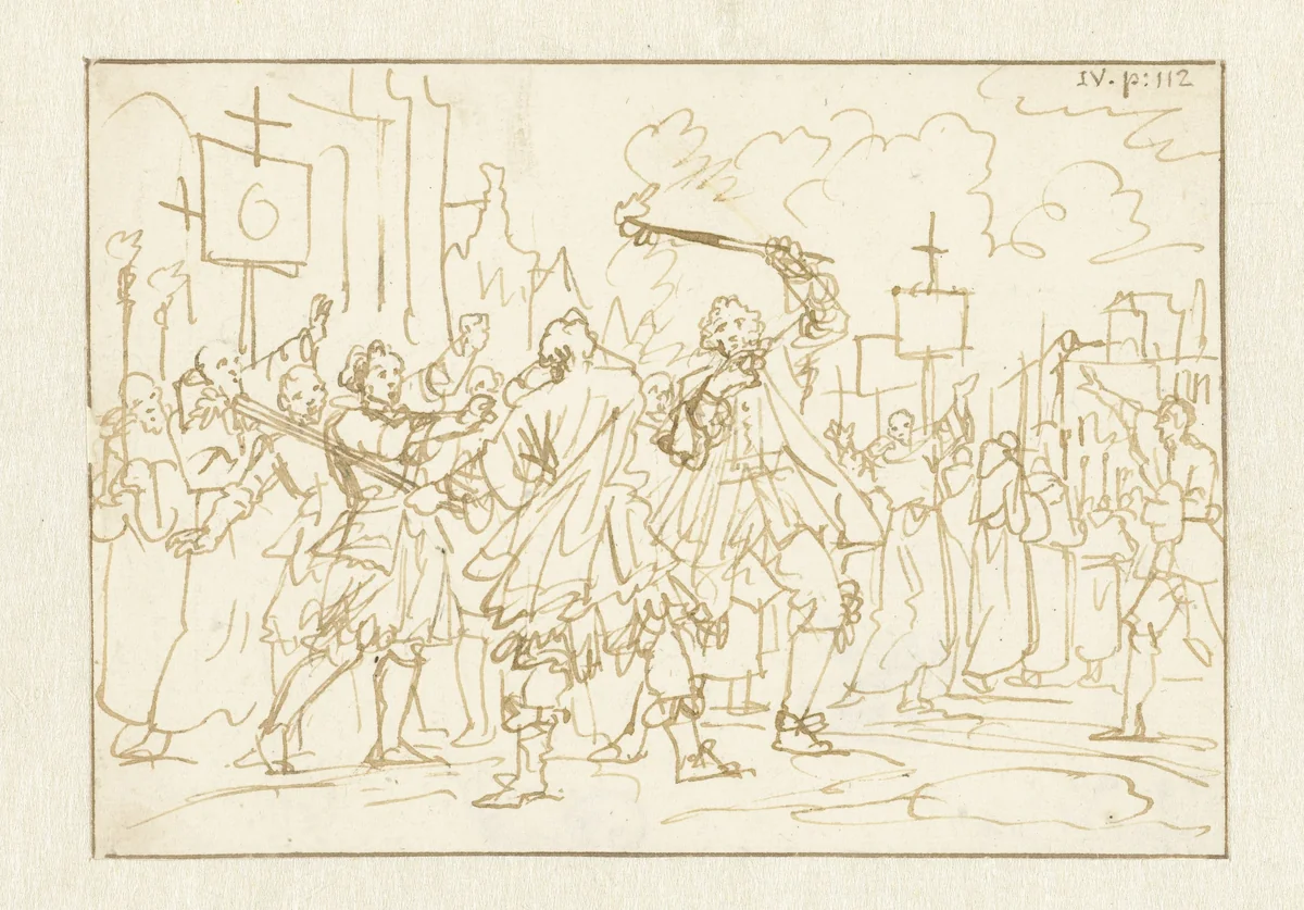 Gevecht tussen de residenten van Mantua en Genua by Jan Luyken, drawing, 1696-1698