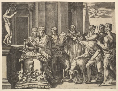 Psyche's father consulting the oracle, from 'The Fable of Psyche' by Master of the Die, print, 1530-1560