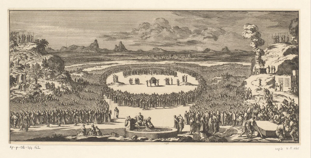 Israëlieten brengen brand- en vredeoffers op de bergen Ebal en Gerizim by anonymous, print, 1683-1762