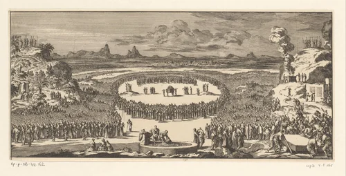 Israëlieten brengen brand- en vredeoffers op de bergen Ebal en Gerizim by anonymous, print, 1683-1762