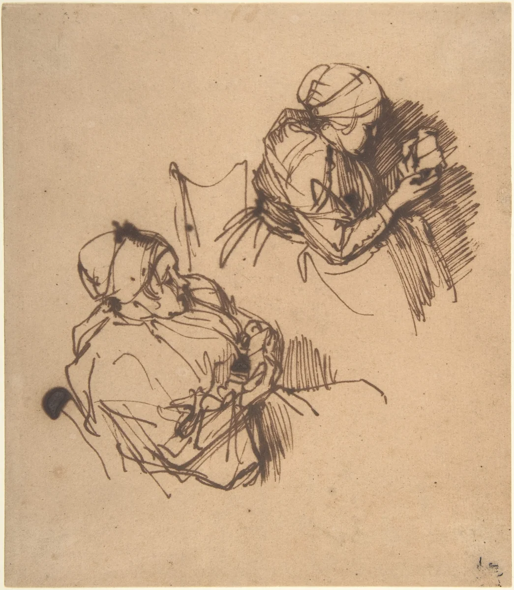 Two Studies of a Woman Reading by Rembrandt van Rijn, drawing, 1635-1640