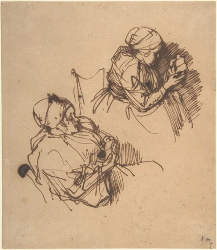 Two Studies of a Woman Reading by Rembrandt van Rijn, drawing, 1635-1640