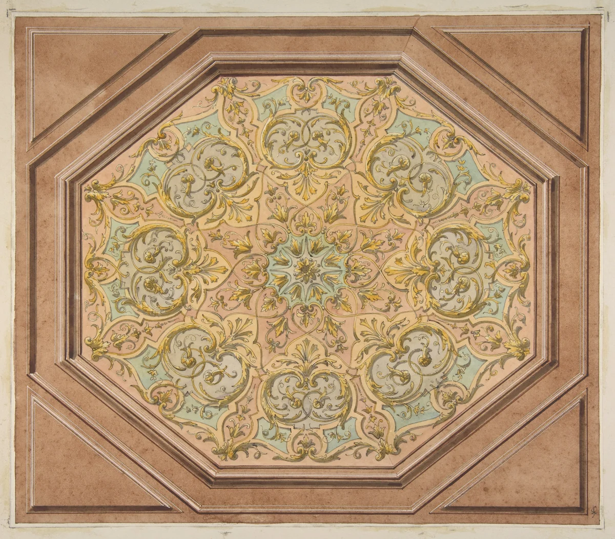Design for the decoration of a hexagonal ceiling with rinceaux by Jules-Edmond-Charles Lachaise, drawing, 1830-1897