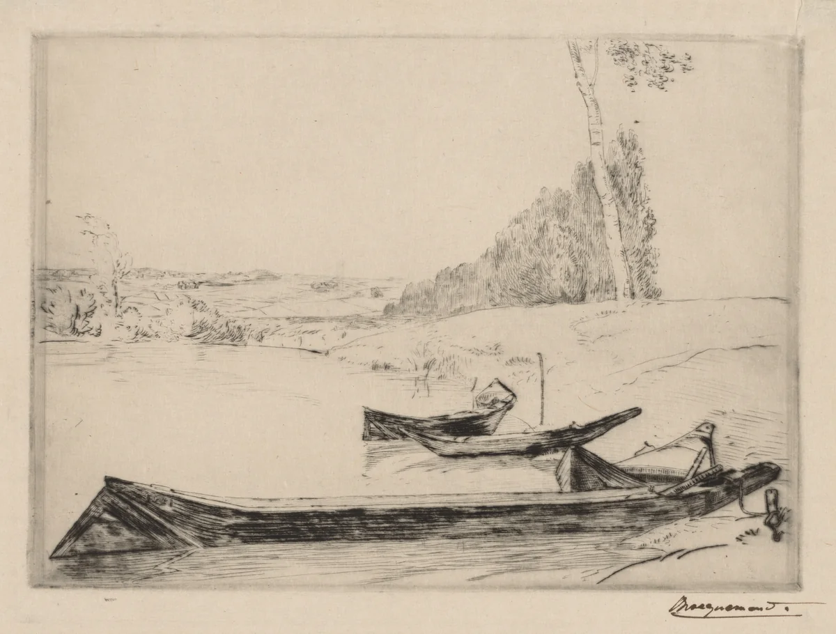 Small ferry-boats on the banks oft he Seine by Félix Bracquemond, print, 1853-1863