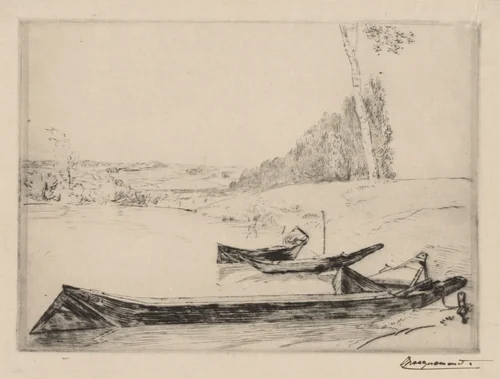 Small ferry-boats on the banks oft he Seine by Félix Bracquemond, print, 1853-1863