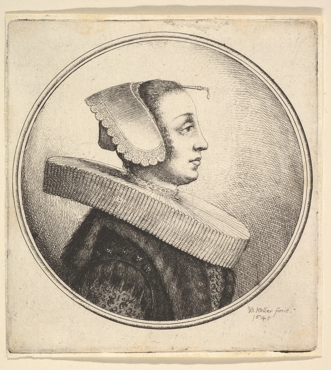 Woman with circular ruff, bonnet and hair-pin, in profile to right by Wenceslaus Hollar, print, 1645