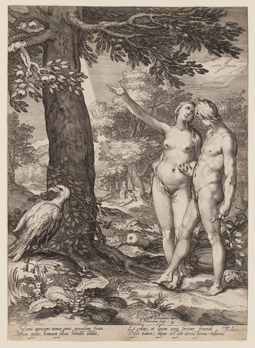 Adam and Eve before the Tree of Knowledge, from History of the First Parents of Man by Jan Saenredam, print, 1604