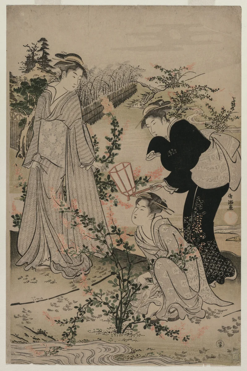 Women Cutting Branches of Bush Clover; The Noji Tama River in Omi Province, from an untitled series of the Six Tama Rivers by Kubo Shunman (窪俊満), print, 1787-1789
