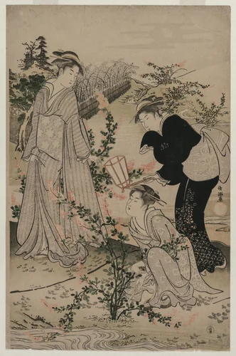 Women Cutting Branches of Bush Clover; The Noji Tama River in Omi Province, from an untitled series of the Six Tama Rivers by Kubo Shunman (窪俊満), print, 1787-1789