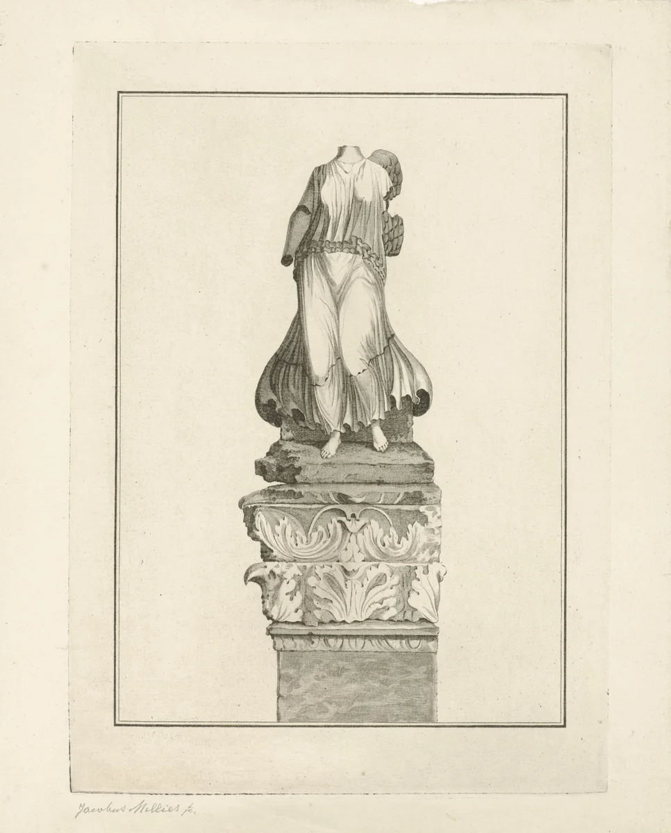 Standbeeld van een gevleugelde vrouw by Jacobus Millies, print, 1777-1813