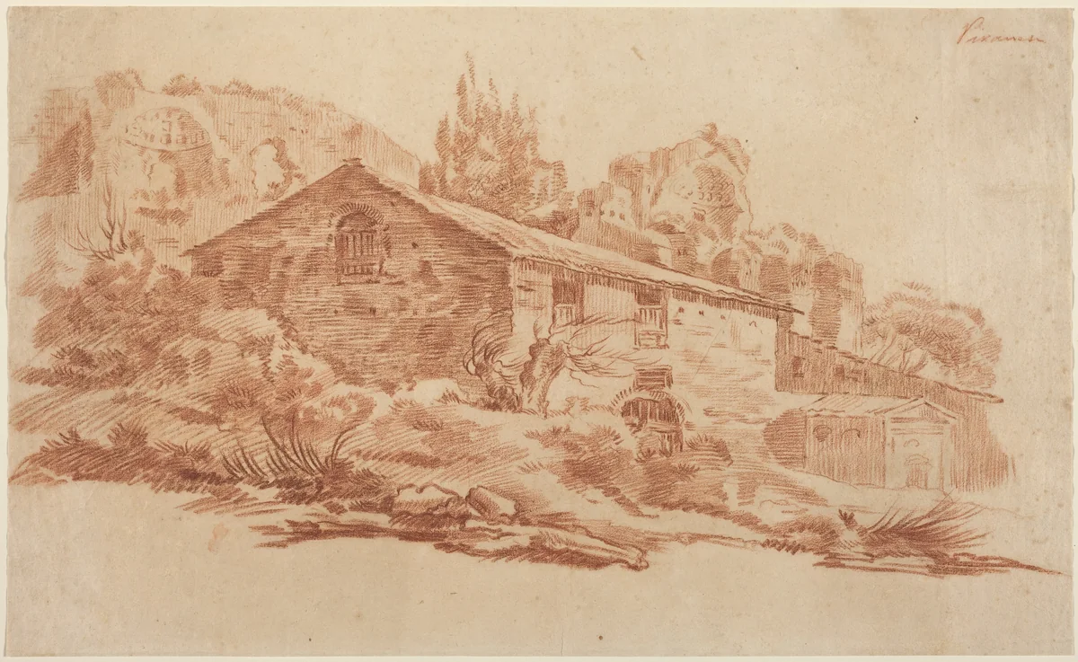 Rustic Building among Roman Ruins by Aureliano Milani, drawing, 1675-1749