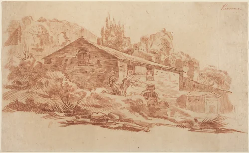 Rustic Building among Roman Ruins by Aureliano Milani, drawing, 1675-1749