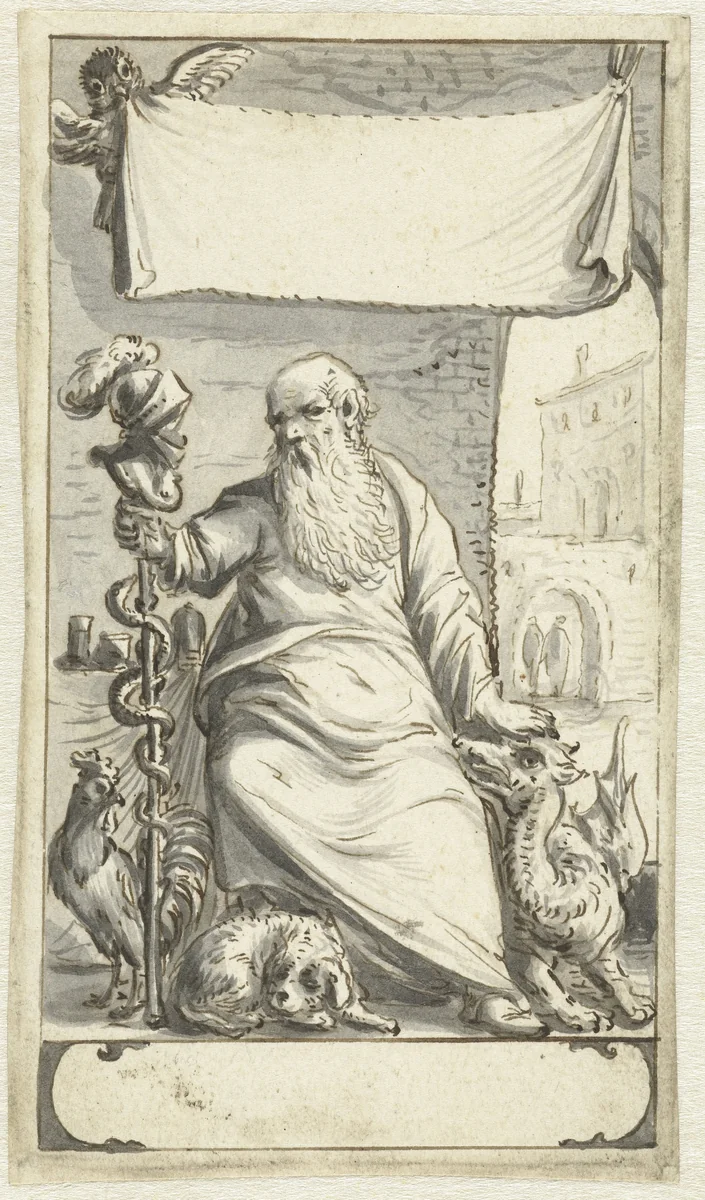 Ontwerp voor een titelblad met Aesculapius by Jacob van der Ulft, drawing, 1637-1689
