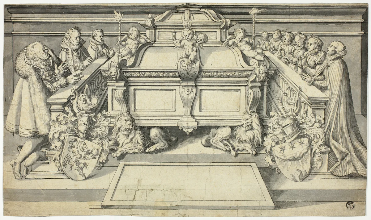 Design for Epitaph: Family Members Kneeling Before Tomb by Hans Holbein, drawing, 1500-1599