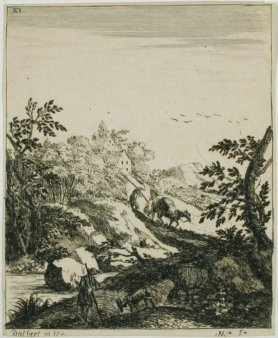 Landscape with a Goatherd and a Drover by Charles François César Le Tellier, print, 1750-1764