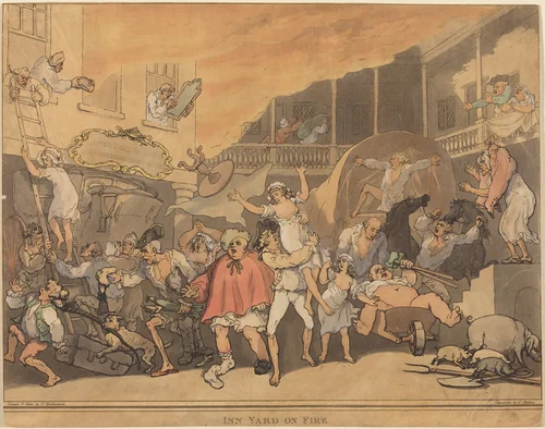 The Inn Yard on Fire by Thomas Rowlandson, print, 1791