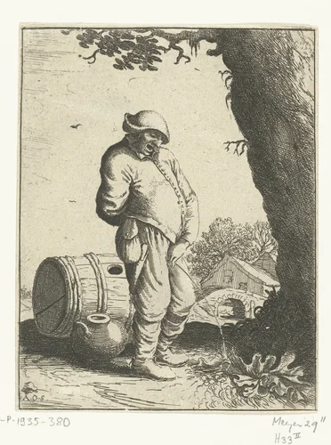 Pissende boer by Willem Basse, print, 1633-1672