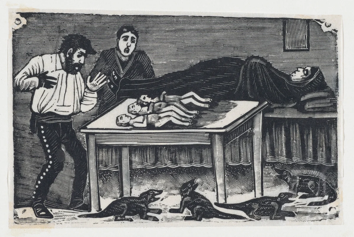 A woman who gave birth to three children and four animals by José Guadalupe Posada, print, 1889-1899