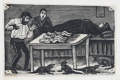 A woman who gave birth to three children and four animals by José Guadalupe Posada, print, 1889-1899