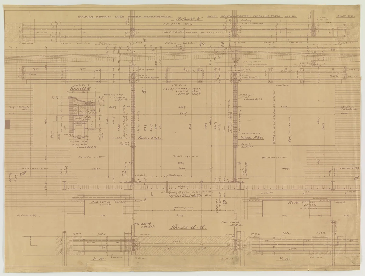 Hermann Lange House, Krefeld, Germany (Sections; framing system, structural detail. Shop drawing.) by Ludwig Mies van der Rohe, mies van der rohe archive, 1927