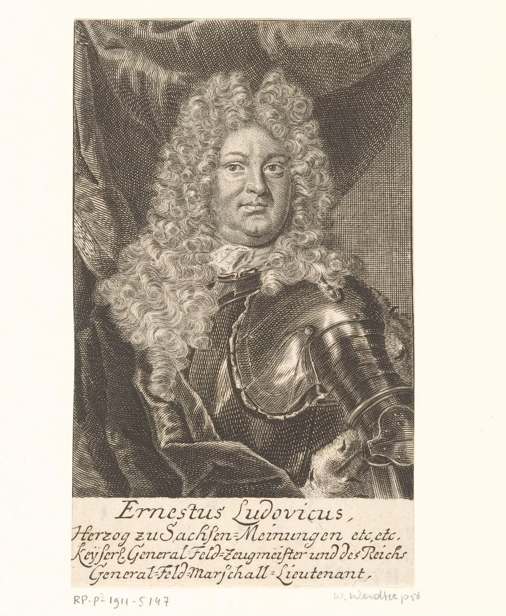 Portret van Ernst Ludwig I von Sachsen-Meiningen by Martin Bernigeroth, print, 1706-1733