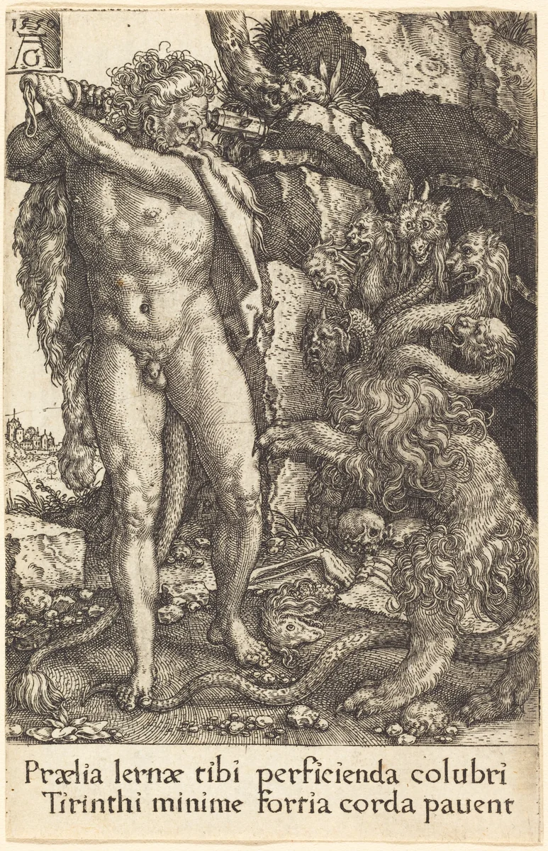 Hercules Fighting with the Hydra of Lernea by Heinrich Aldegrever, print, 1550
