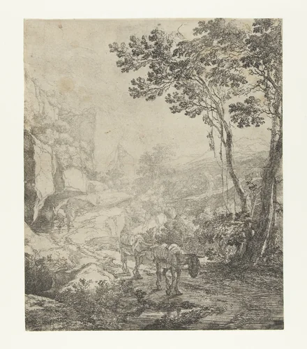Landschap met twee muilezels voor de Rocca Aquatico bij Ancona by Jan Both, print, 1644-1652